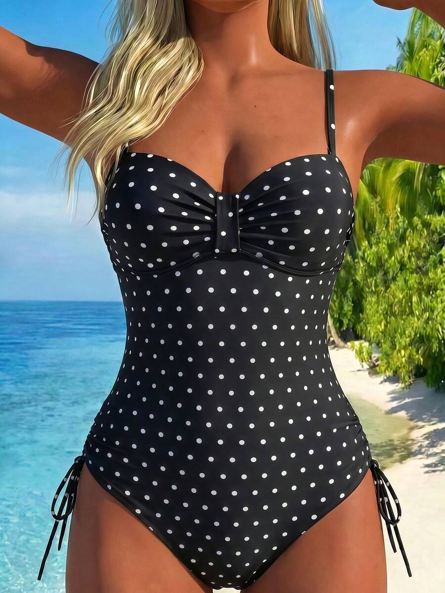 Swim Lushoire Fashionable Hot-Selling Polka Dot Print Design One-Piece Swimsuit, Suitable For Girls And Beach Vacation, Spring/Summer - Black - View 1