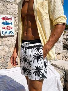 Surfspeed Men's Palm Tree Pattern White Floral Swim Trunks,Summer Casual Holiday Pool Party Vacation Loose Drawstring Pocket Beach Hawaii Tropical Board Shorts - Black and White - View 2