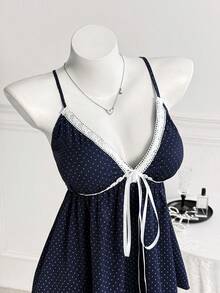 Sweetra Plus Size Contrast Polka Dot Lace Trim V-Neck Ruffle Tie Camisole Top, Summer - Navy Blue - View 3