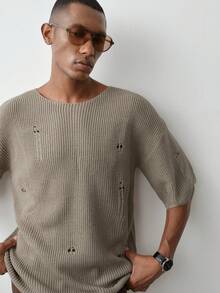 MENRIVO Men's Solid Color Distressed Short Sleeve Knit Top - Camel - View 4