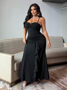 NU&NOW Gaun Camisole Seksi Wanita Ukuran Plus Warna Polos dengan Detail Kerutan dan Patchwork di Bagian Bawah - Hitam - View 1