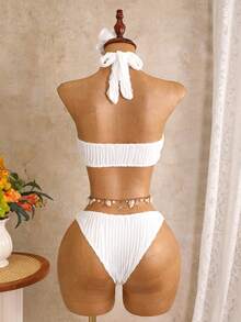 Swim Lushoire Set da 3 pezzi da donna composto da bikini con collo alto senza spalline, di colore tinta unita, adatto per matrimoni e feste in giardino, con decorazioni a forma di stella marina e conchiglia, più una minigonna in rete annodata dello stesso colore. - Bianco - Visualizzare 6
