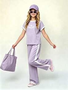 Casuvi Kids Tween Girls Casual All-Match Versatile Daily Wear Black & White Contrast Trim Round Neck Raglan Sleeve T-Shirt + Straight Leg Knit Pants Set - Violet Purple - View 4