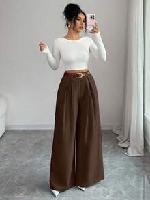 SHEIN Elenzya 秋冬季亚麻质感高腰纯色米色阔腿裤，优雅风格，适合日常穿着和工作场合，复古气息浓郁，适合毕业季、音乐节、赛马会、独立日等场合。 - 咖啡棕 - 查看 8