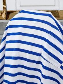 SHEIN LUNE Blue And White Striped Print, Comfortable And Casual V-Neck, Pocket, Versatile Women's T-Shirt. - Multicolor - View 6