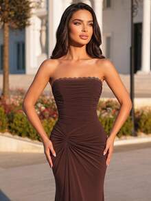 Glamrae Elegant Brown High-Elastic Mesh Strapless Dress With Asymmetric Pleats At The Waist And A Fishtail Train; No Or Flowing Panels; Evening Gow - Rust Brown - View 2