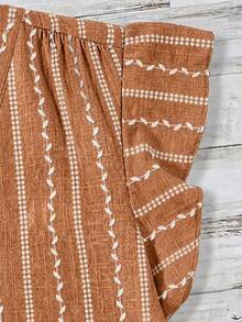 SHEIN LUNE Plus Size Brown Striped Textured Ruffle Hem Shirt,Boho Summer Vacation Holiday Minimalist Casual Versatile Beach Graduation Brunch Elegant Outfit - Multicolor - View 4