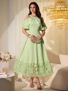 Modelyn Sweet & Youthful Yellow Elegant Ruffle Off-Shoulder Embroidered Patchwork Mid-Length Dress For Women - Green - View 6