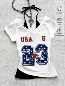 Attitoon Independence Day Women's Casual Retro V-Neck Halter Tie-Up Contrast Color Short Sleeve T-Shirt, Suitable For Summer - White - View 5