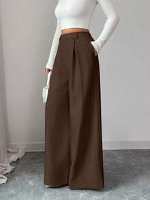 SHEIN Elenzya 秋冬季亚麻质感高腰纯色米色阔腿裤，优雅风格，适合日常穿着和工作场合，复古气息浓郁，适合毕业季、音乐节、赛马会、独立日等场合。 - 咖啡棕 - 查看 3