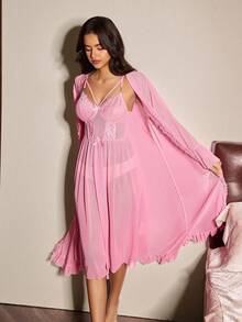 Slumberist Set Pakaian Santai Kasual Wanita: Gaun dan Jubah Camisole dengan Hiasan Pita dan Patchwork Renda - Berwarna merah muda - View 6