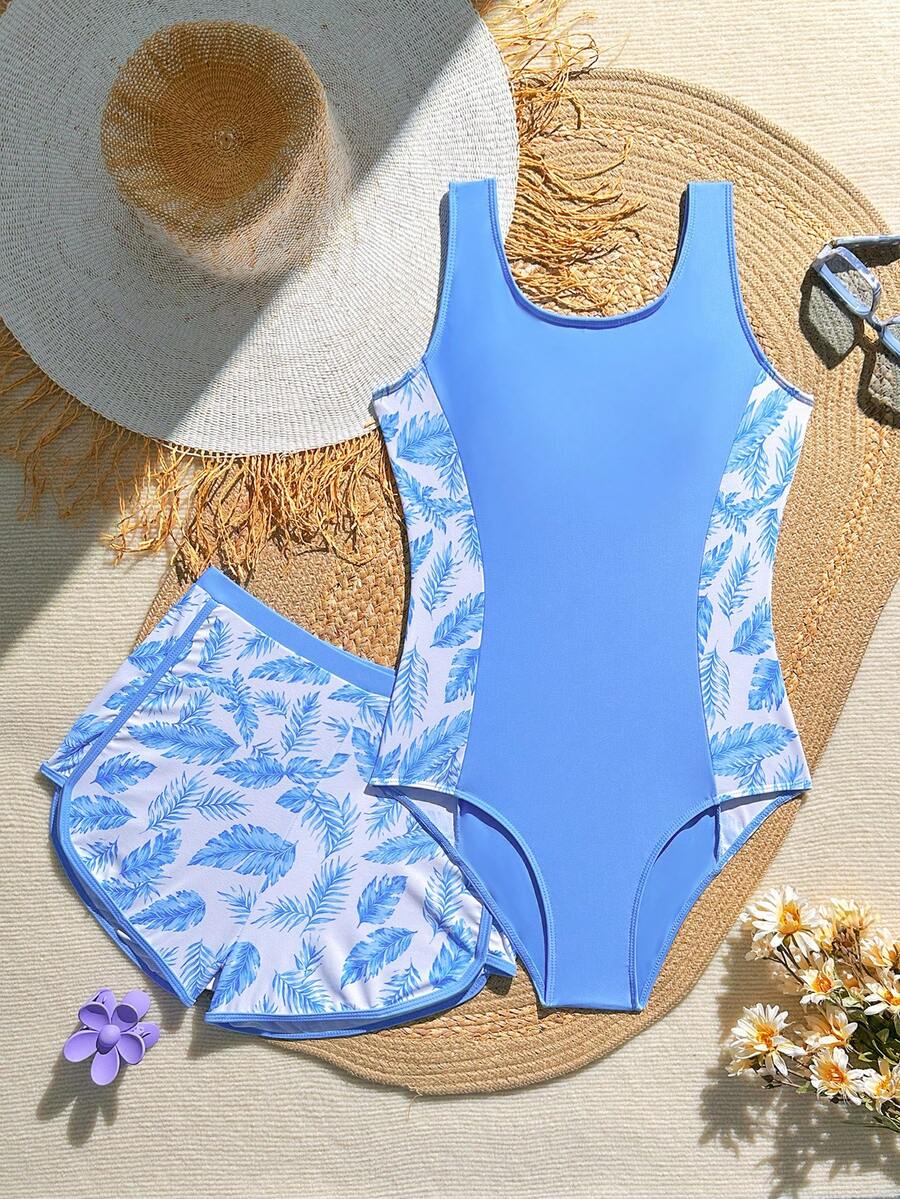 SHEIN Baju Renang Terusan Motif Daun untuk Remaja Perempuan dengan Celana Pendek Sporty (Set 2 Potong) - MultiWarna - View 1