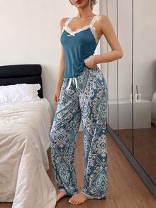 SHEIN 花卉印花蕾丝边吊带背心和裤子女士睡衣套装 - 藍色 - 查看 5