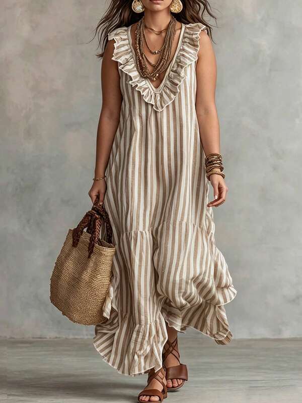 Linhara CURVE Big Size Striped Fashionable Sleeveless Casual Daily Women's Long Dress
