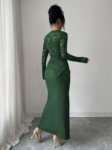 Modelyn Square Neck Lace Patchwork Button Waist Fitted Midi Dress For Women - Dark Green - View 2