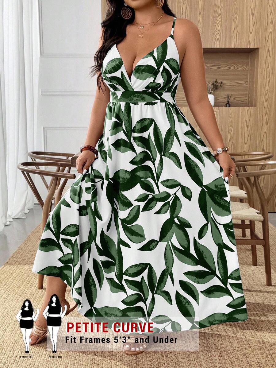 SHEIN PETITE CURVE 新款加大码女式热带印花无袖露肩系带A字宽松休闲度假沙滩旅行时尚性感优雅长裙 - 彩色 - 查看 1