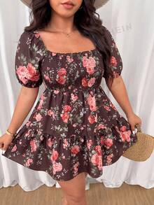 Vionelle Robe d'été décontractée à imprimé floral et froncée pour femmes grandes tailles - Marron - Voir 4