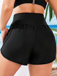 Swim Vcay Plus Size Solid Asymmetrical Waist Shorts Bikini Bottom Summer - Black - View 2
