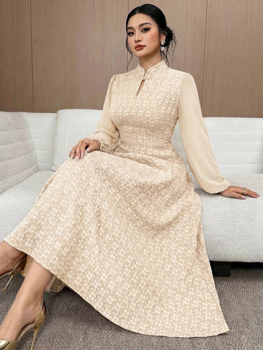 Modelyn Plus Size Elegant Jacquard Keyhole Neck Lantern Sleeve Dress - Apricot - View 1