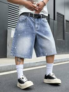 GALLERY FADE Men's Casual Denim Shorts With Pockets & Rhinestone Decor - Blue - View 5