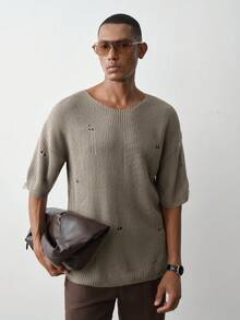 MENRIVO Men's Solid Color Distressed Short Sleeve Knit Top - Camel - View 5