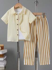 SHEIN 男童休闲纯色条纹短袖衬衫长裤套装（2件套），适合日常、度假、运动、夏季穿着 - 薄荷綠 - 查看 4