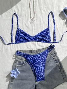 Sirith Women's Polka Dot Print Reversible Micro Bikini Set, Casual Beach Vacation - Blue - View 1