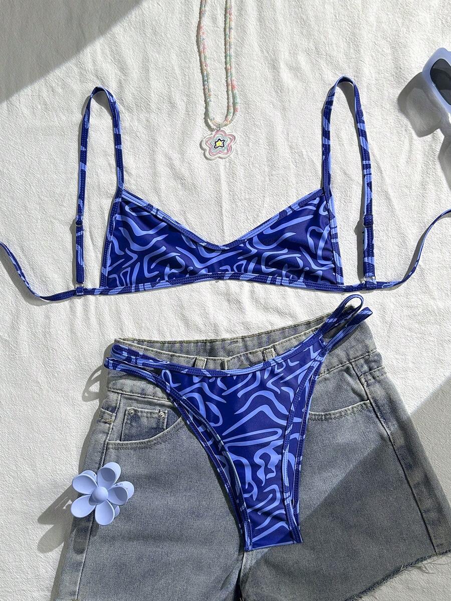 Sirith Women's Polka Dot Print Reversible Micro Bikini Set, Casual Beach Vacation - Blue - View 1