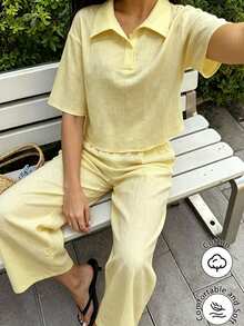 Modelyn Pastal Collared Top Paired With Straight Leg Pants Casual Minimalist Tropical Sexy Outfit Vacation Summer Golf Pale Yellow Brunch - Yellow - View 2