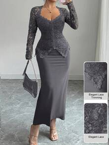 Modelyn Lace Patchwork Button Waist Fitted Plus Size Women Dress - Grey - View 8