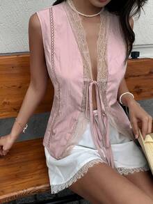 Yunfilé Áo hai dây buộc trước, kiểu dáng thường ngày, mùa hè dành cho nữ, có viền ren, phong cách nghỉ mát. - Hồng - Xem 3