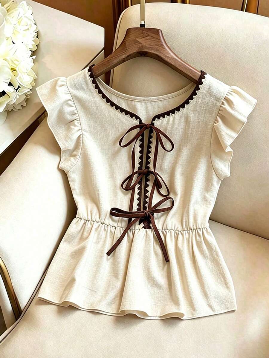 Qadelle Women's Round Neck Pleated Drawstring Casual Versatile Daily Wear Shirt - Multicolor - View 1