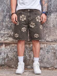 Manfinity Roghcode Men's Printed Wide Leg Denim Shorts - Dark Grey - View 4