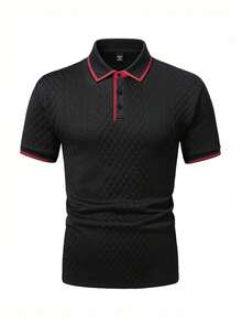 EGENSIO Camisa polo de hombre con cuello y puños acanalados, de unicolor, textura de jacquard, éxito de en negro y rojo - Negro - Ver 3