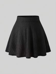 SHEIN 少女黑色纹理半身裙，夏季高腰A字迷你裙，带防走光内衬，休闲百搭少女下装 - 黑色 - 查看 3