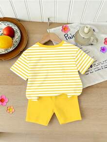 SHEIN 2pcs/Set Girls' Refreshing/Korean Casual/Active Sports/Sweet Summer Striped Short Sleeve Top + Solid Yellow Bike Shorts Set, Decorated With Sequin Lemon, Suitable For Daily Wear, School, Leisure Outings In Spring, Summer And Autumn - Multicolor - View 2