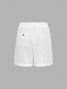 Wandoria Solid Color Drawstring Shorts With Pockets, Summer Casual Wear - White - View 2
