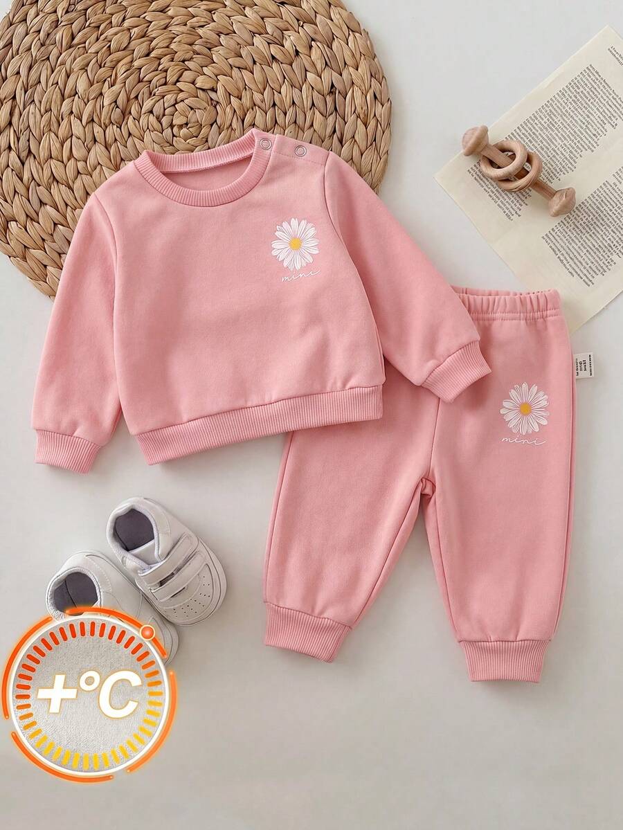 SHEIN Newborn Baby Girl Casual Comfortable Loose Fit Cartoon Print Pullover Winter Outfit Set - Pink - View 1
