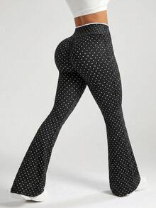 SHEIN Sovereign Charm Pantalon de sport évasé à taille croisée imprimé de pois pour femmes - Noir - Voir 2