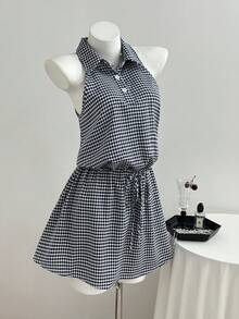 Elamini Spring Summer Autumn Woven Plaid Sweet Fashion Elegant Shirt Collar Front Button Sleeveless Off-Shoulder Cinched Waist A-Line Short Dress For Women - Multicolor - View 5