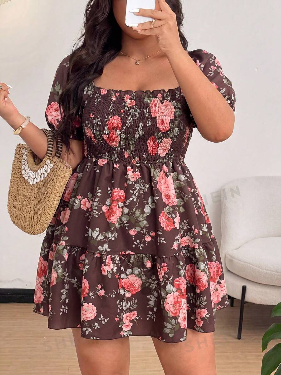 Vionelle Robe d'été décontractée à imprimé floral et froncée pour femmes grandes tailles - Marron - Voir 1