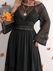 Whyspr Plus Size 2-Piece Set: Military Green Spaghetti Strap Dress & Apricot European Style Mesh Hollow Out Cover Up - Black - View 1