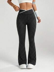 SHEIN Sovereign Charm Pantalon de sport évasé à taille croisée imprimé de pois pour femmes - Noir - Voir 7