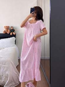 Napfluff Pink Striped Bow Print Ruffle Hem Loose Mid-Length Short Sleeve Women Nightgown - Multicolor - View 5