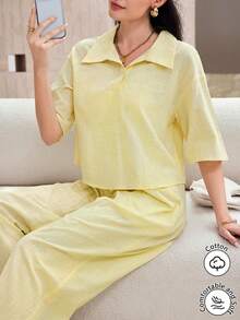 Modelyn Pastal Collared Top Paired With Straight Leg Pants Casual Minimalist Tropical Sexy Outfit Vacation Summer Golf Pale Yellow Brunch - Yellow - View 3