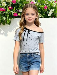 Elladie kids 青少年女孩蝴蝶印花不對稱肩短袖上衣，休閒舒適適合春夏，百搭夏季穿搭適用於戶外活動、野餐、街拍、度假、假日及禮物 - 灰色 - 查看 6