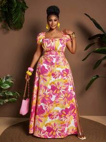 Maweii Plus Size Sexy Boho Square Neck Fitted Printed Waist Dress For Women Vacation Pink Floral Summer - Multicolor - View 3