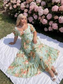 Lyrianda Plus Size Spring/Summer Keyhole Drawstring Tie Shoulder Floral Print Dress - Light Yellow - View 6