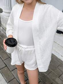 SHEIN 少女純白色細肩帶上衣、中袖和服襯衫與蝴蝶結裝飾短褲套裝，休閒夏季度假穿搭 - 白色 - 查看 6