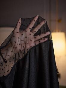 SilkySpell Sexy Spaghetti Strap Heart Rhinestone Lace Patchwork Sheer Side Long Nightgown - Black - View 7